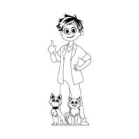 A happy man who likes and takes care of animals, including a really adorable cat. Childrens coloring page. vector