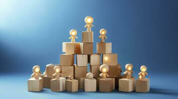 Many wooden cubes with people symbols and one with a lightbulb symbol on blue background. AI Generative photo