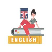 un mujer se sienta en libros y sostiene un Inglés diccionario en su manos. el concepto de aprendizaje inglés. aislado. de moda plano estilo. vector. vector