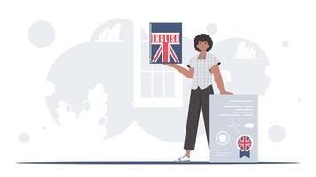 The concept of learning English. A man holds an English dictionary and a certificate in his hands. trendy style. . vector
