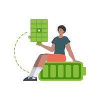 A man sits on a battery and holds a solar panel in his hands. Eco energy concept. Isolated on white background. illustration. vector