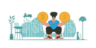 A man is holding a dollar and bitcoin coin. The concept of interaction with digital monetary assets. vector