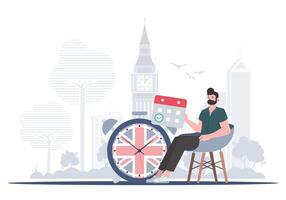 The concept of learning English. A man, a calendar with a marked date and a clock. Trendy flat style. . vector