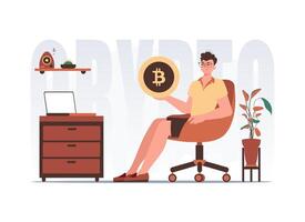 The concept of mining and extraction of bitcoin. The guy sits in a chair and holds a bitcoin coin in his hands. Character with a modern style. vector