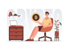 The concept of mining and extraction of bitcoin. The guy sits in a chair and holds a bitcoin coin in his hands. Character with a modern style. vector