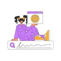 The girl sits on the search line and holds a browser window in her hands. Search for the necessary information on the Internet. Linear retro style character. vector