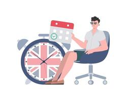 A man, a calendar with a marked date and a clock. The concept of learning English. Isolated. Trendy cartoon style. . vector
