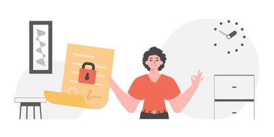 Data protection concept. Smart contract. A man is holding a contract or document. vector