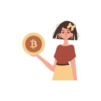 un mujer sostiene un bitcoin en su manos. personaje en moderno de moda estilo. vector