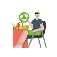 A man is sitting next to a bag of healthy food and is holding an EKO icon. Isolated on white background. Trend vector illustration.