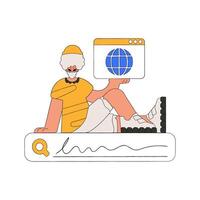 The guy sits on the search bar and holds a browser window in his hands. Search for information. Retro style character. vector