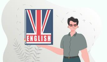 The concept of learning English. A man holds an English dictionary in his hands. Trendy cartoon style. Vector illustration.