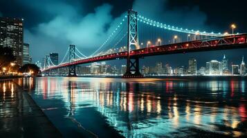 luminoso reflexiones Noche resplandor de un famoso puente, generativo ai foto