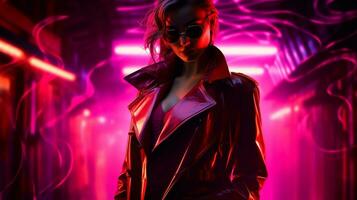 Enigmatic Elegance Neon Noir Femme Fatale, AI Generative photo
