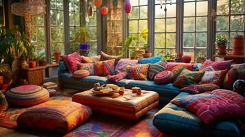 Generative AI, Bohemian Oasis A Colorful and Eclectic Living Room photo