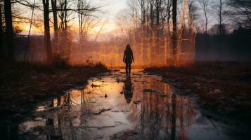 generativo ai, un transparente figura en medio de el lleno de anochecer bosque foto