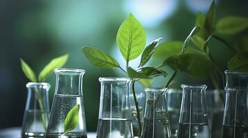 Biotechnology concept with green plant leaves, laboratory glassware, and conducting research, illustrating the powerful combination of nature and science in medical advancements.  AI Generative photo