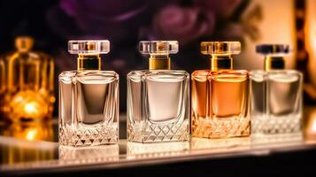 Luxury fragrance bottles at perfume scent at presentation event, bespoke perfumery and beauty product sale, generative ai photo