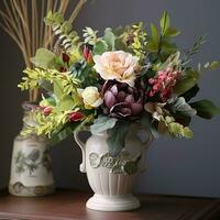 Beautiful bouquet of fresh flowers in a vintage vase, country style home decor and interior design, generative ai photo