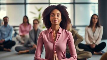 Office Serenity Embracing Workplace Wellness Through Yoga and Meditation, AI Generative photo