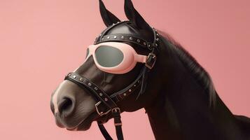 generativo ai, frio equino vibraciones un caballo deportivo elegante Gafas de sol en un pastel antecedentes foto