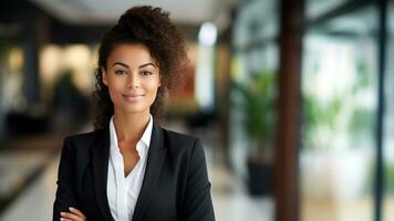 confidente africano americano mujer de negocios en elegante trabajo atuendo, ai generativo foto