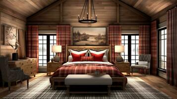 Generative AI, Cozy and Warm Rustic Bedroom with Stone Fireplace photo
