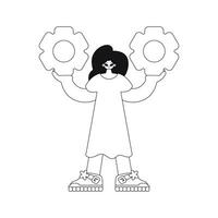 Girl holds gears in hands. Linear illustration in vector. vector