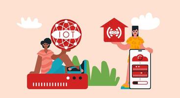 Two people are holding up a red and white sign that says iot vector