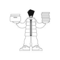 A guy holds stacks of papers in neat rows. image. vector