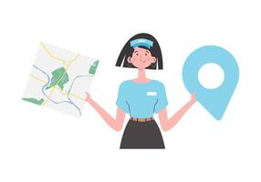 Girl delivery operator with a map in her hands. The character is depicted to the waist. Isolated. Vector illustration.