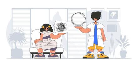 Topic Help A person consumed by a sense of hopelessness and despair. The psychologist unpacks a tangle of thoughts. The patient shows that his head is a mess. vector