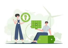 A girl and a guy and a solar panel. Green energy concept. Vector illustration.