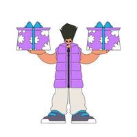 The guy is holding gifts. The concept of the holiday and gifts. Bright character in the style of the 80s and 90s. vector