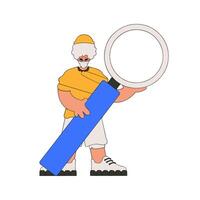 A man holds a magnifying glass in his hands. Search for information. Linear retro style character. vector