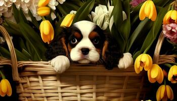 Generative AI, Puppy Love A Cute Pup Poses in a Basket Amidst a Floral Paradise photo