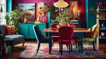 Generative AI, Boho-Chic Dining Room A Colorful and Eclectic Space photo