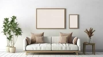 Modern cozy mock up and decoration furniture of living room and empty canvas frame on the white wall texture background, 3D rendering. AI Generative photo