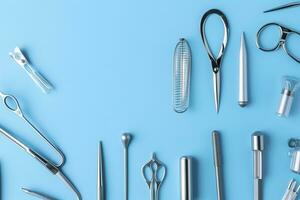 top view on various medical equipment, light blue background, copy space, AI Generative photo