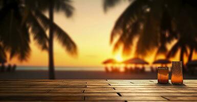 Empty wooden table in front of blurred tropical beach on sunset evening. Wooden background in beach. AI Generative photo