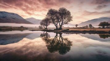 generativo ai, reflexiones paisajes reflejado en agua creando maravilloso reflexiones foto