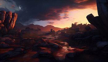 Generative AI, Layers of Light A Vibrant Mountain Range at Sunset photo