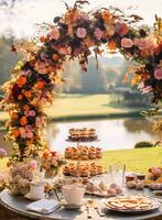 Autumnal dessert buffet table, event food catering for wedding, party and holiday celebration, cakes, sweets and desserts in autumn garden, generative ai photo