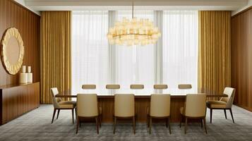 Timeless Elegance Dining Room with Table, Upholstered Chairs, and Chandelier, Generative AI photo