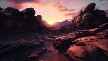 Generative AI, Layers of Light A Vibrant Mountain Range at Sunset photo