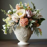 Beautiful bouquet of fresh flowers in a vintage vase, country style home decor and interior design, generative ai photo