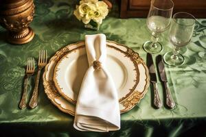 Elegant dinner table setting arrangement in English country style as flatlay tablescape, folded napkin on a serving plate, tableware and holiday table decor, generative ai photo