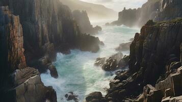 Generative AI, Dramatic Coastlines rugged and coastlines with crashing waves and cliffs photo