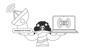 Female with antenna and laptop connected to IoT system, vector linear illustration