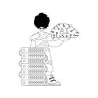 AI guy and server, linear artwork in AI theme vector